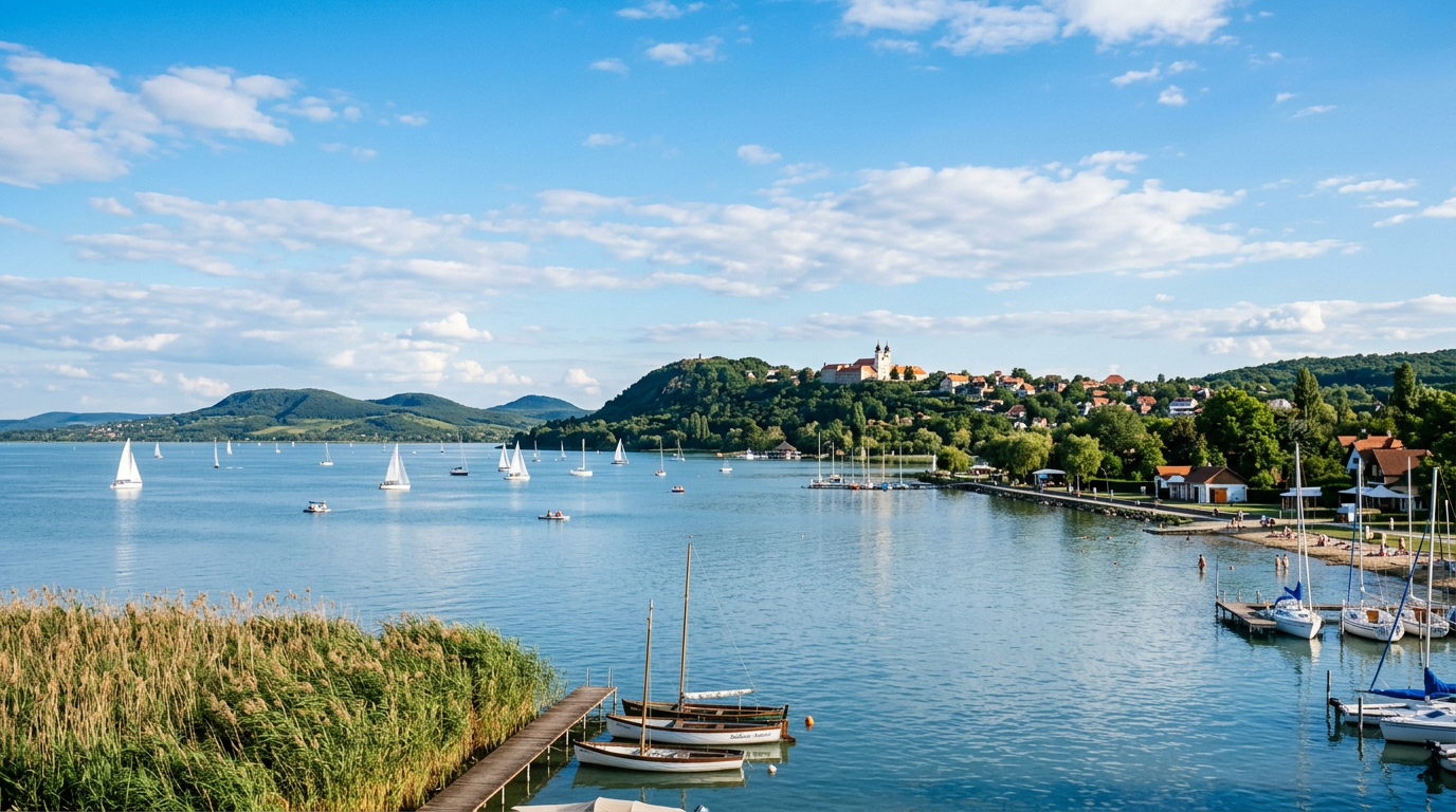 Balaton-tó panoráma, víz és távoli partvonulat
